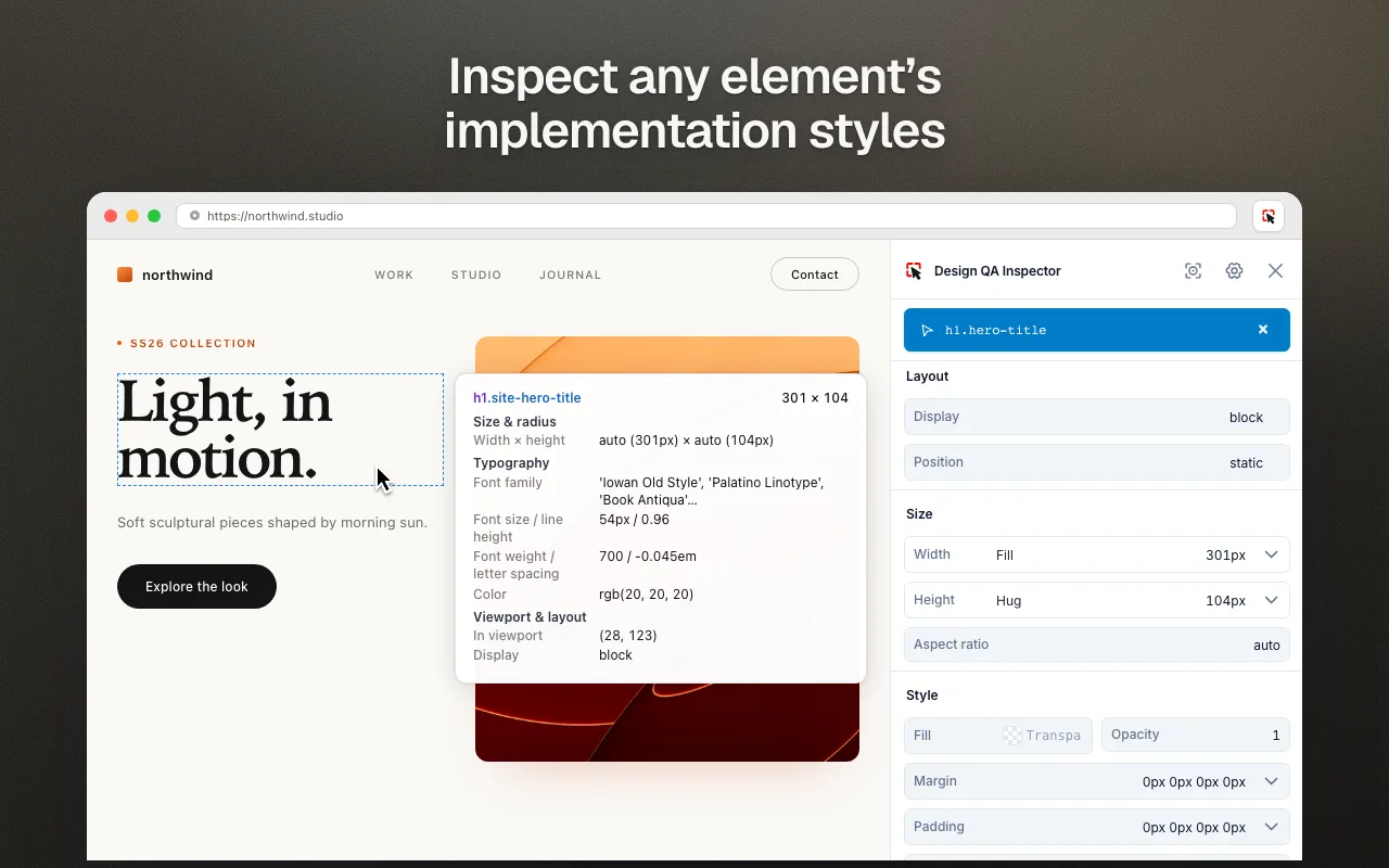 Design QA Inspector side panel showing computed styles of a selected heading
