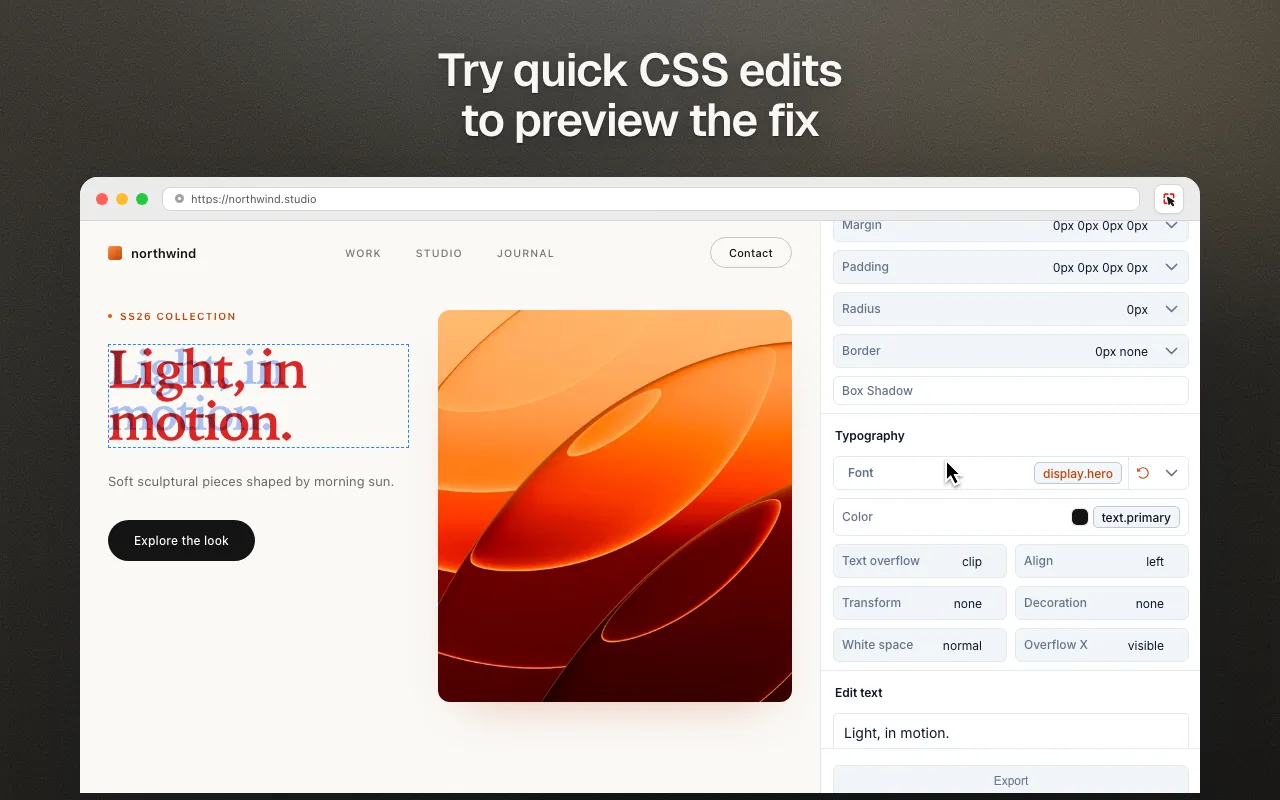 Quick edit panel with typography controls and design token suggestions