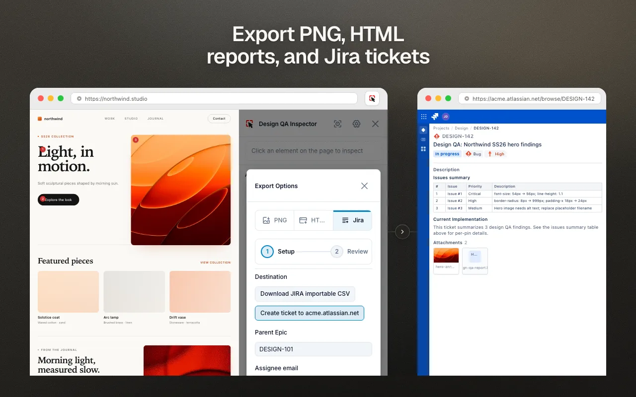 Export options dialog with PNG, HTML and Jira tabs next to a created Jira issue
